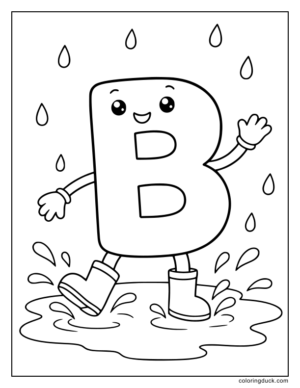 Pair of waterproof footwear stomping playfully next to an alphabet character.