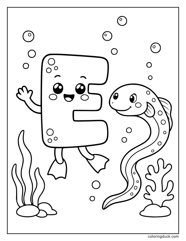 Giggling letter E blowing bubbles next to a friendly swimming eel.