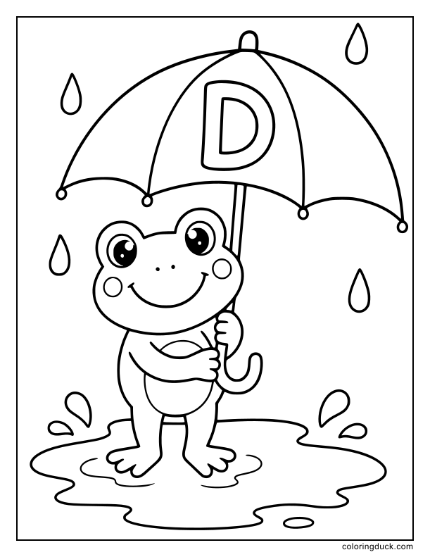 Happy frog holding an umbrella displaying a big letter D during a light rain.