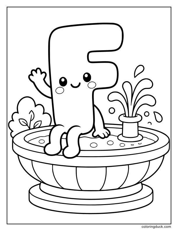 Cute letter F sitting on the edge of a bubbling water fountain.