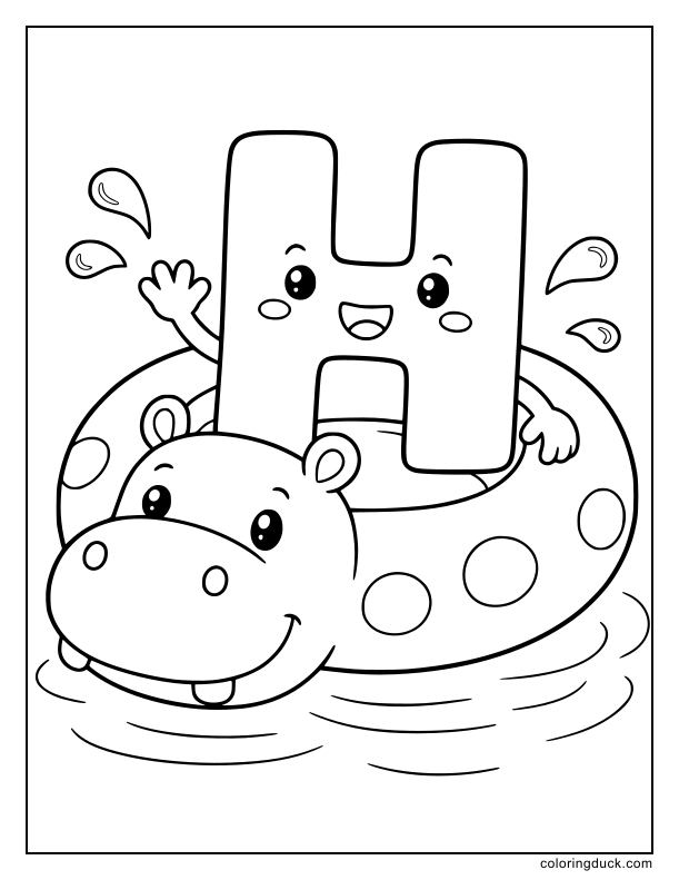 Joyful letter H sitting comfortably inside a cute inflatable hippo pool ring.