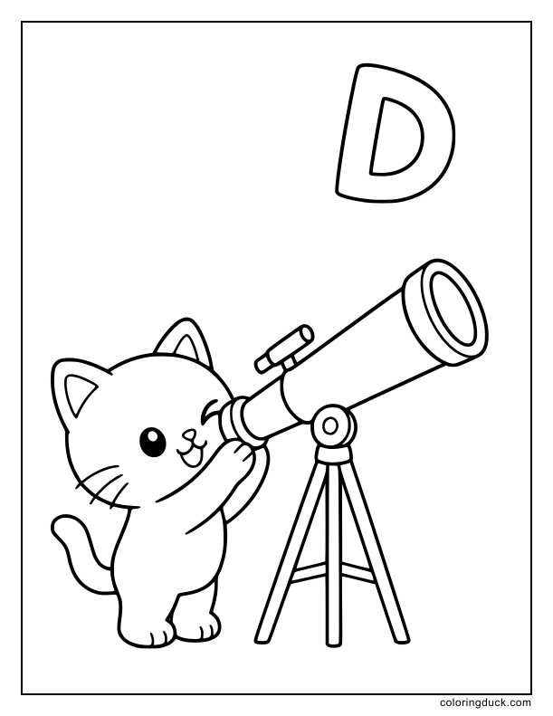 Curious cat looking through a telescope at a glowing letter D in the sky.