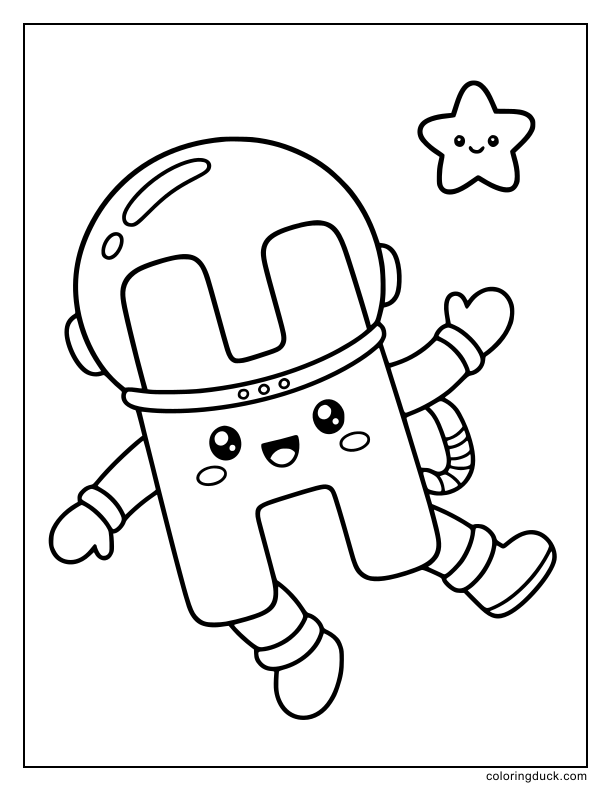 Astronaut letter H drifting in zero gravity while wearing a round glass helmet.