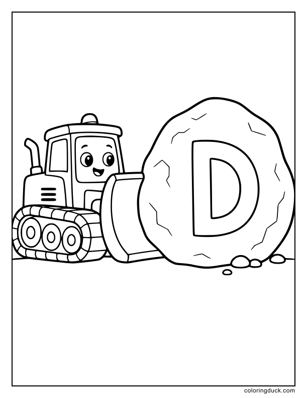 Little bulldozer pushing a massive round rock carved into a beautiful letter D.
