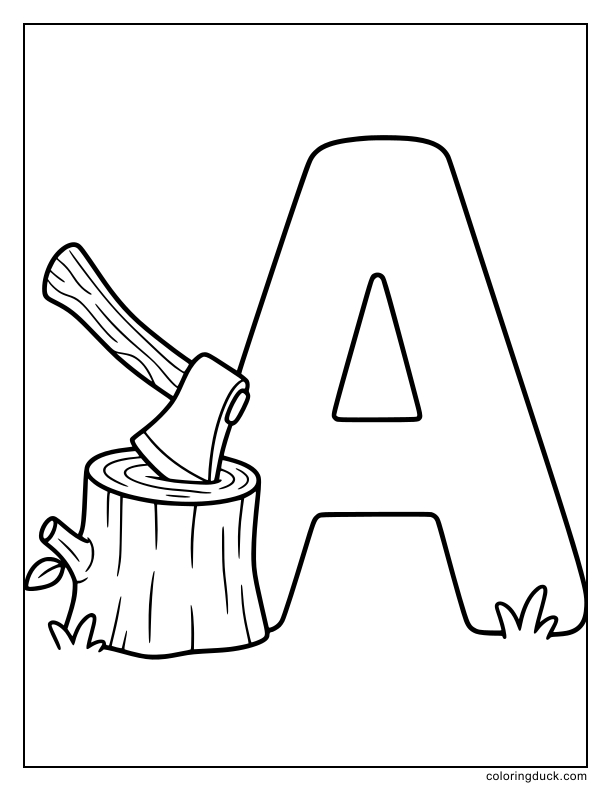 Wooden axe struck into a small log beside a huge letter A.