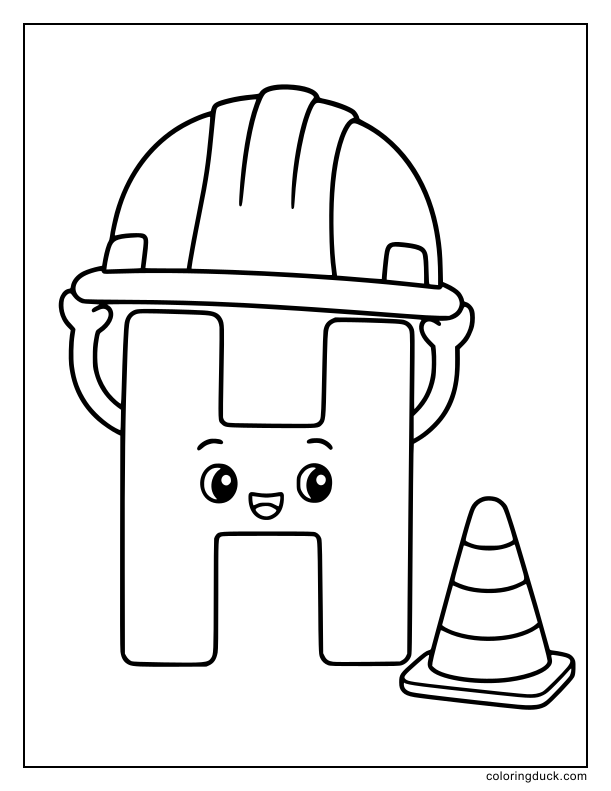 Cheerful letter H keeping a bright yellow hard hat safely positioned on its top edge.