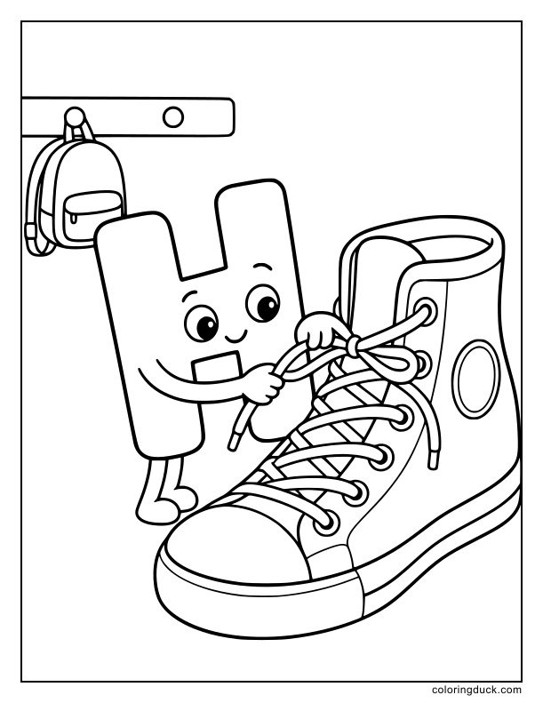 Focused letter H carefully tying the laces of a cool, giant high-top sneaker.