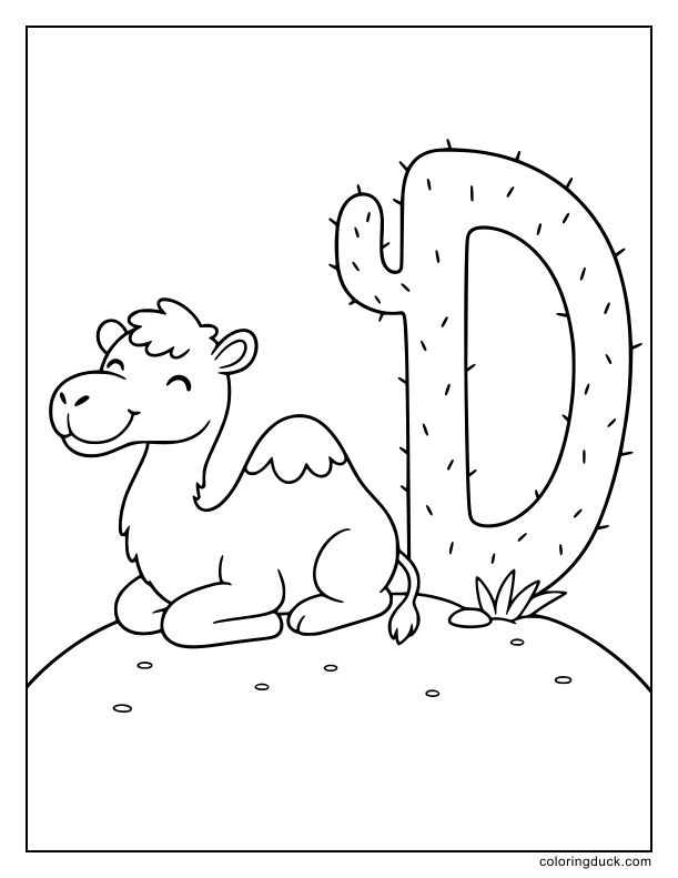 Funny camel relaxing near a tall cactus shaped exactly like the letter D.