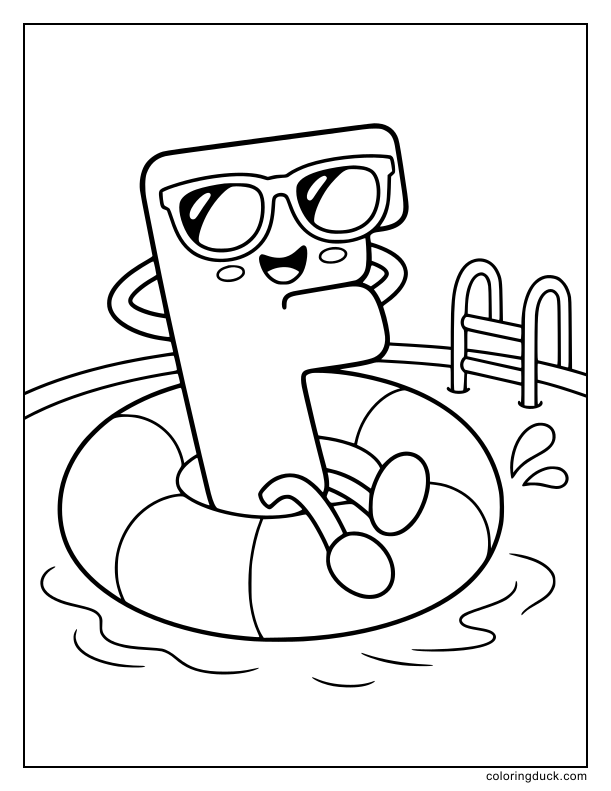 Big letter F wearing sunglasses relaxing on a ring float.
