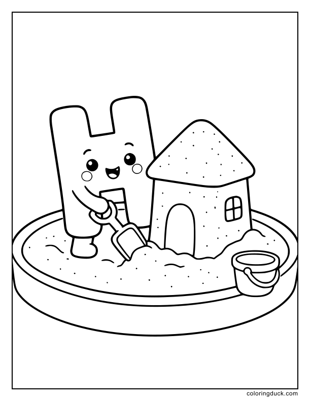 Tiny letter H character using a plastic shovel to shape a little house out of sand.