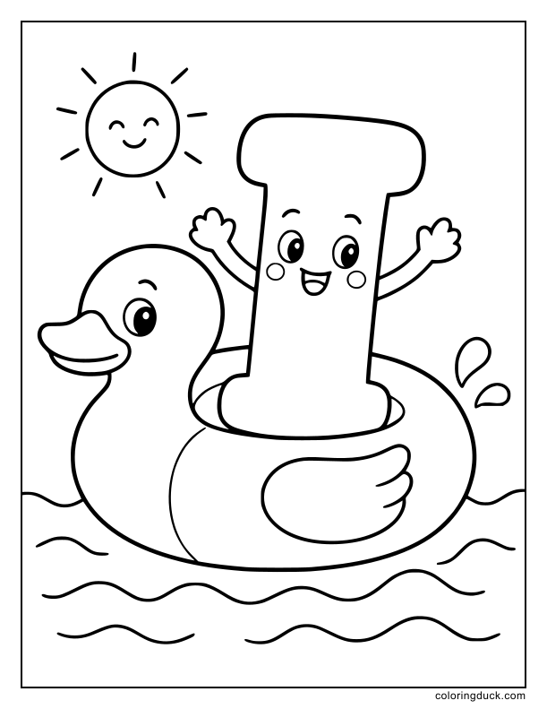 Happy letter I floating on calm waves inside a big duck-shaped inflatable ring.
