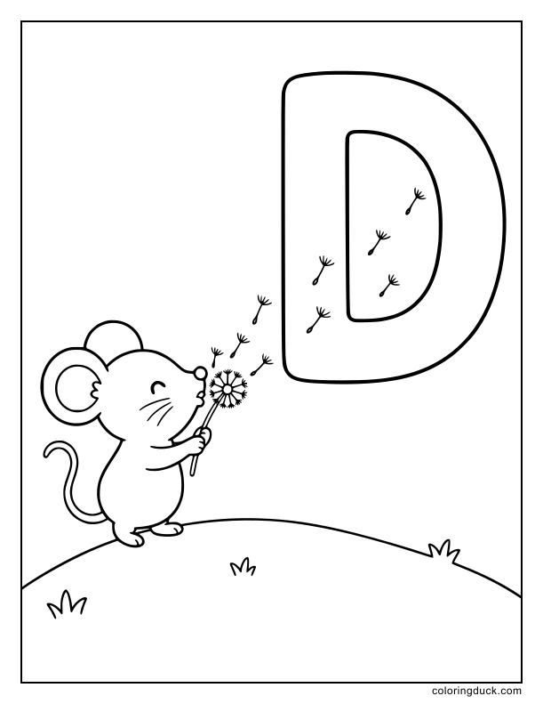 Little mouse blowing dandelion seeds that float around a large letter D sign.