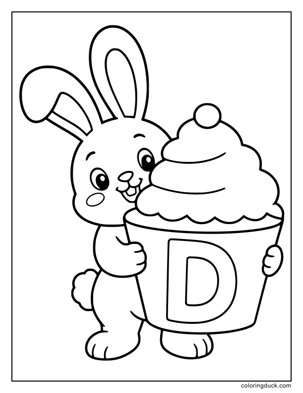 Happy bunny holding a giant cupcake decorated with a big bold letter D.