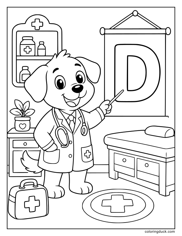 Friendly doctor dog standing in a bright medical clinic room, pointing a paw at a chart that features a giant letter D.