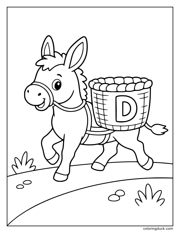 Cute little donkey carrying a large basket with a big letter D on it.
