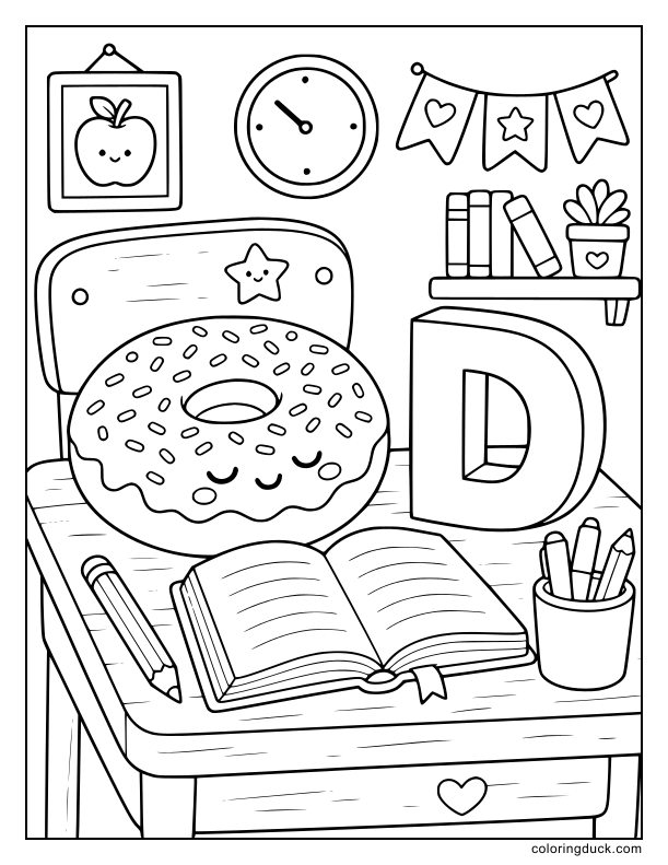 On a wooden school desk, a delicious frosted donut with sprinkles sits next to an open book and a chunky 3D letter D.