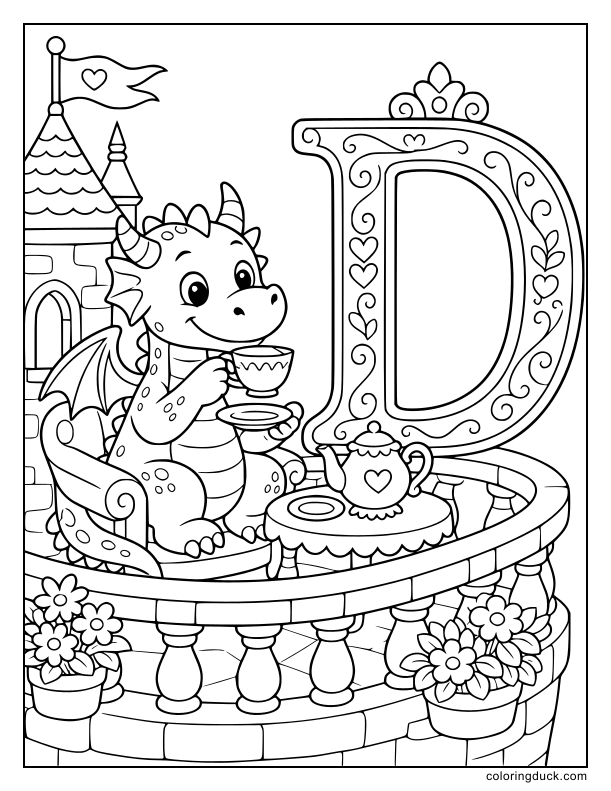 Friendly dragon sitting on a stone balcony sipping tea from a small teacup, with a giant letter D standing proudly in the background.