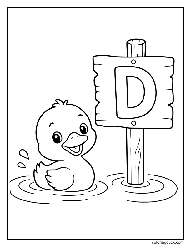 Inside the pond, a cute duckling swimming beside a tall wooden sign showing the letter D.