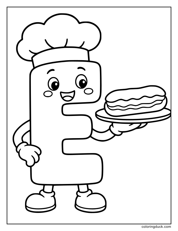 Cheerful letter E holding a tray with a huge chocolate eclair.