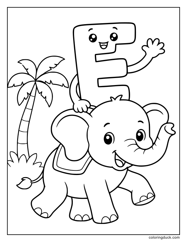 Large letter E happily riding on the back of a baby elephant.