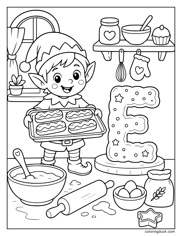 Santa's little elf arranging freshly baked eclairs on a tray shaped like the letter E.
