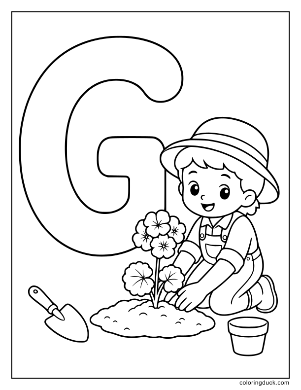 Happy gardener planting a bright geranium flower beside a letter G.
