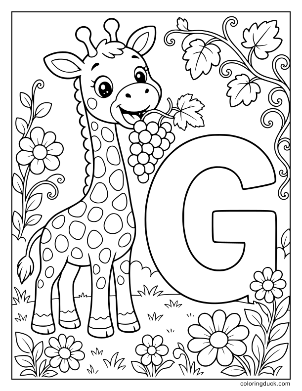 Big uppercase letter G standing next to a baby giraffe eating plump grapes.