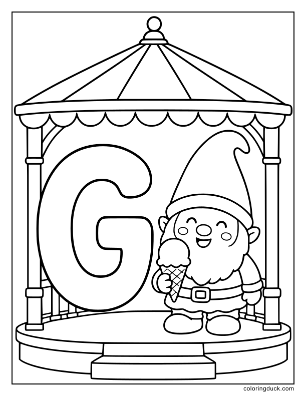 Cheerful gnome eating a scoop of gelato next to a big letter G.