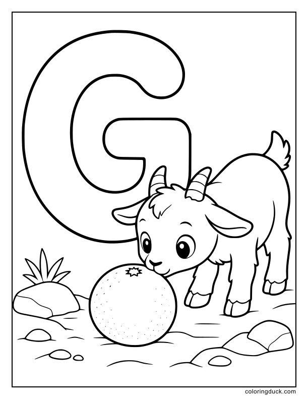 Baby goat sniffing a round grapefruit beside a giant letter G.