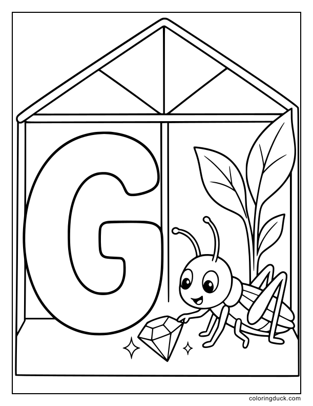 Happy grasshopper holding a shiny gem beside a big letter G.