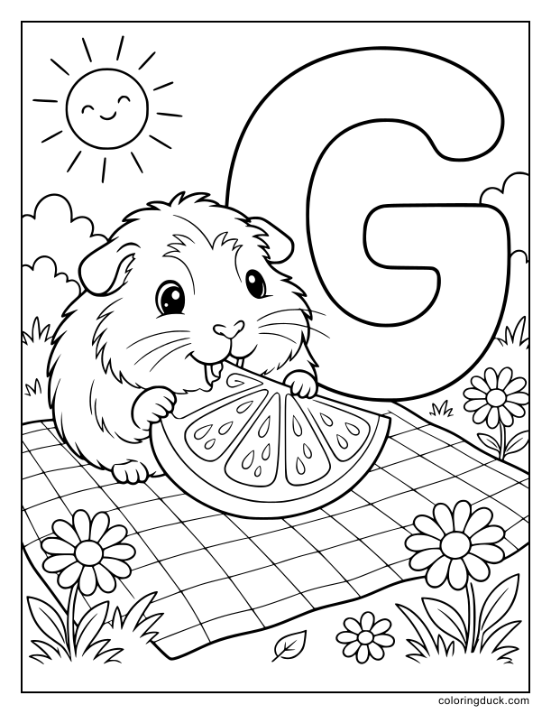 Two guinea pigs sharing a gingerbread man by a big letter G.
