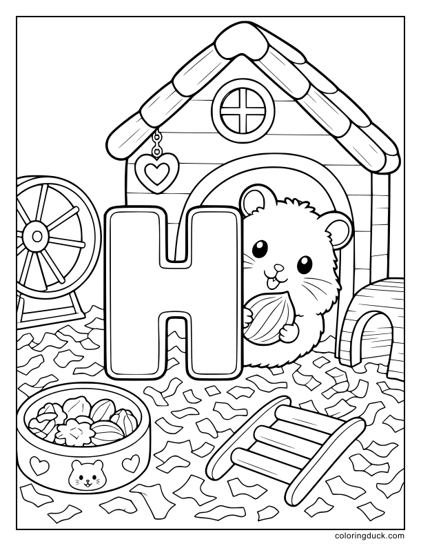 Tiny fluffy hamster peeking out from behind a blocky letter H while holding a delicious hazelnut.