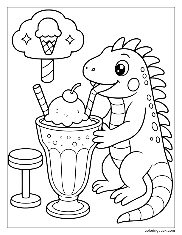 Joyful iguana sipping from a giant glass containing an ice cream float with two straws.