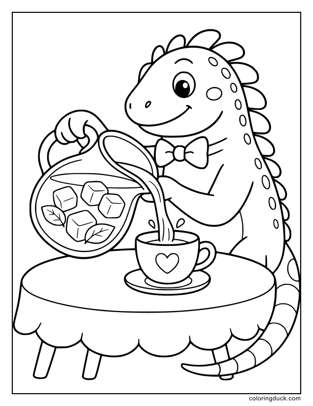 Polite iguana pouring a drink from a big pitcher of iced tea into a single cup.