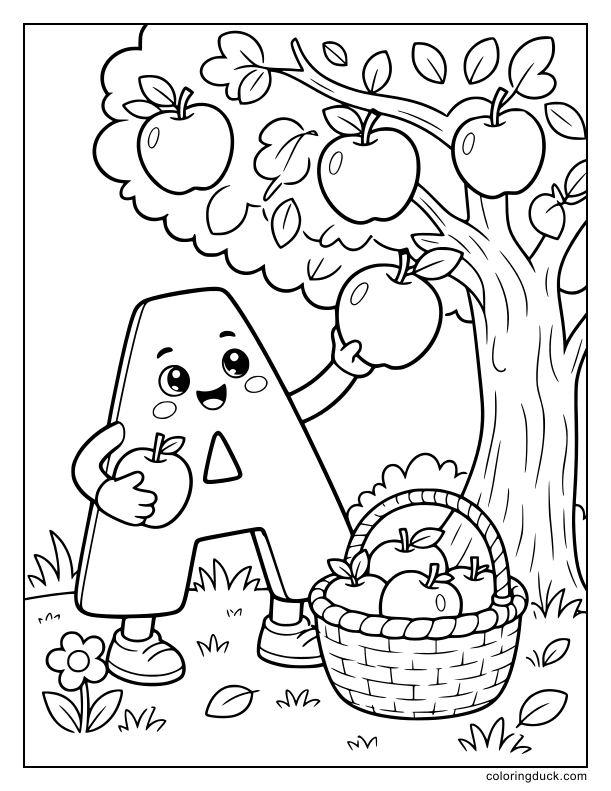 Friendly giant letter A holding a woven basket surrounded by ripe apples hanging from tree branches.