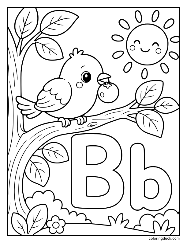 Sweet little bird holding a juicy berry in its beak while perched on a leafy tree branch shaped like a B.