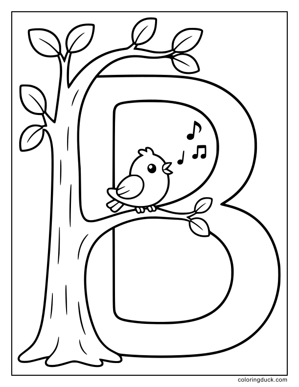 Tiny feathered animal chirping musical notes perched on a letter's edge.