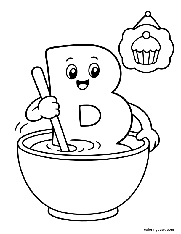 Deep rounded dish containing batter being whisked by a baking alphabet.