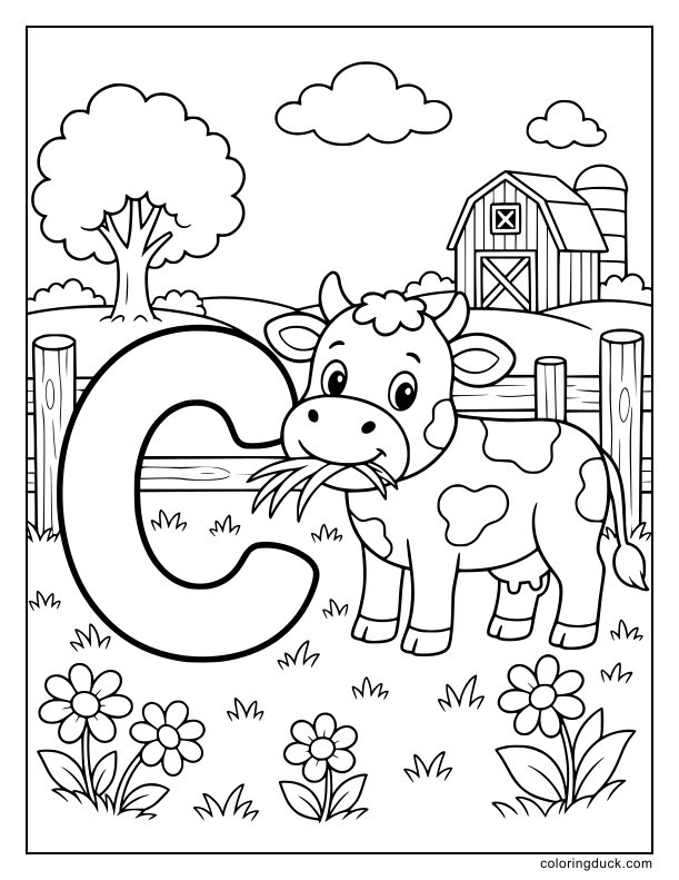 Spotted cow chewing grass near a wooden fence and a big letter C.