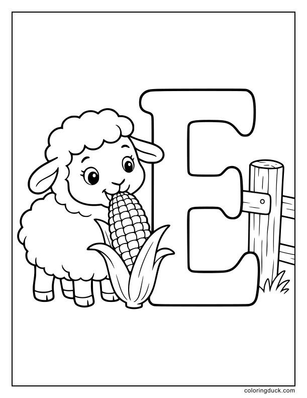 Ewe nibbling an ear of corn next to a giant letter E.