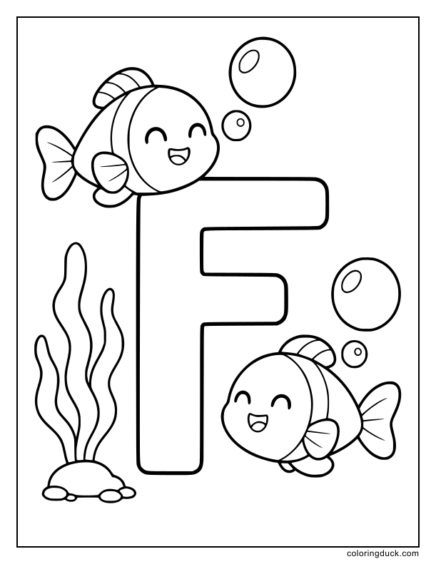 Two happy fish blowing bubbles around a big letter F.