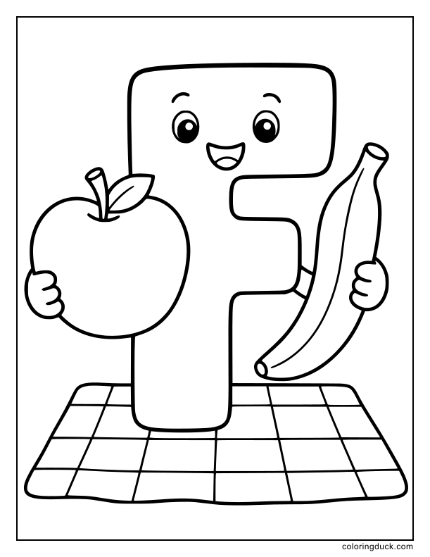 Smiling letter F holding a huge apple and a banana.