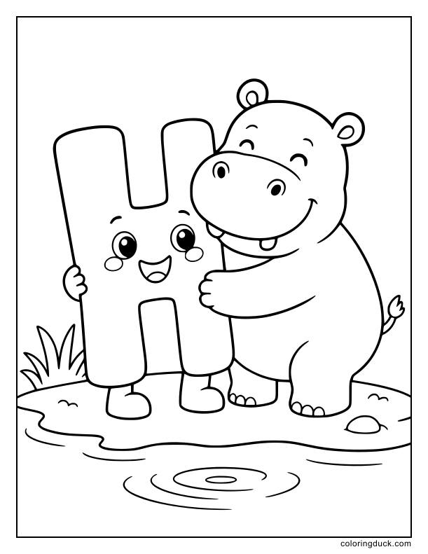 Two happy friends, a friendly letter H and a round hippo, sharing a warm embrace by the water.