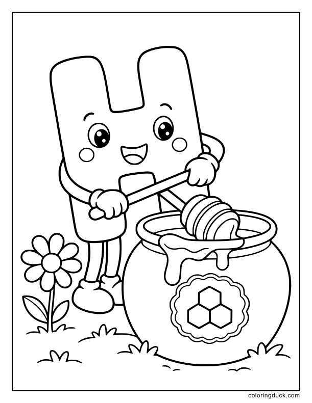 Joyful letter H dipping a wooden dipper into a large jar of fresh honey.