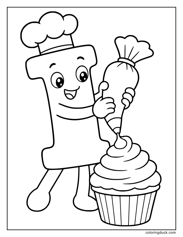 Letter I squeezing a giant piping bag to put fluffy icing on a giant cupcake.
