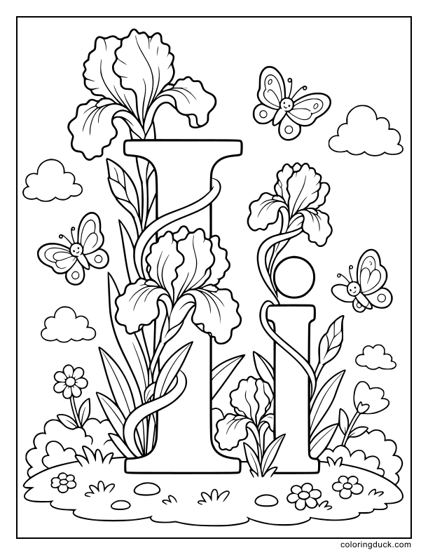Beautiful blooming iris flowers wrapping their elegant stems around the letter I.