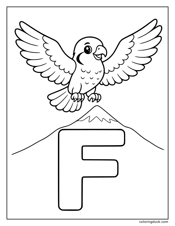 Proud falcon flying high above a giant letter F.