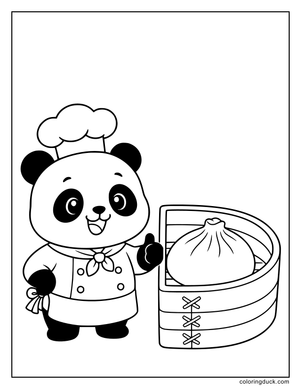 Panda chef smiling at a giant delicious dumpling resting in a letter D basket.