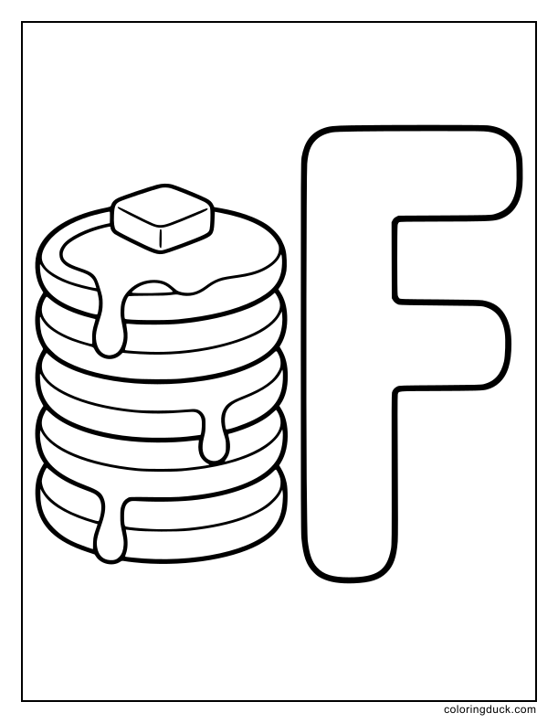 Tall stack of syrupy flapjacks standing beside a giant letter F.