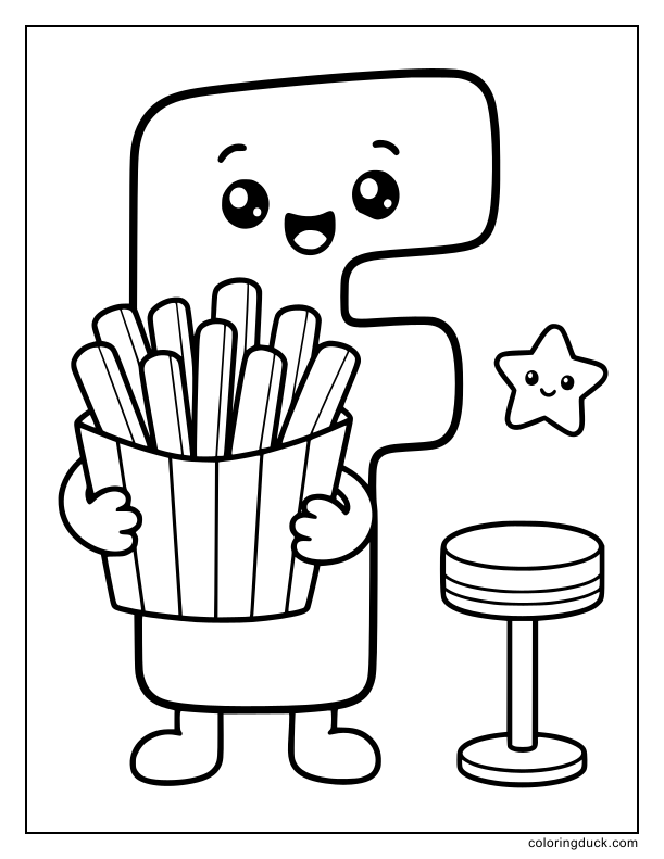 Smiling letter F holding a classic striped carton of french fries.